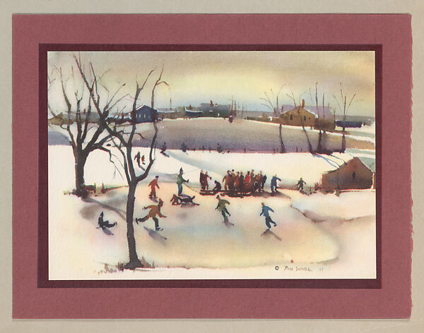 Christmas Card (Ice Skaters), Paul Sample (American, Louisville, Kentucky 1896–1974 Norwich, Vermont), Lithograph on white paper adhered to red paper 