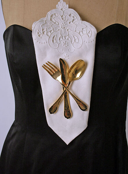 Dinner dress, House of Moschino (Italian, founded 1983), wool, nylon, cotton, metal, Italian