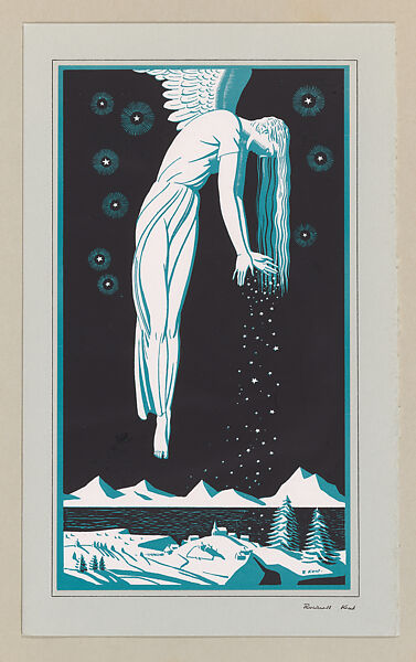 Christmas Card (Angel), Rockwell Kent (American, Tarrytown, New York 1882–1971 Plattsburgh, New York), Lithograph on white paper adhered to metallic gold paper adhered to gray paper 