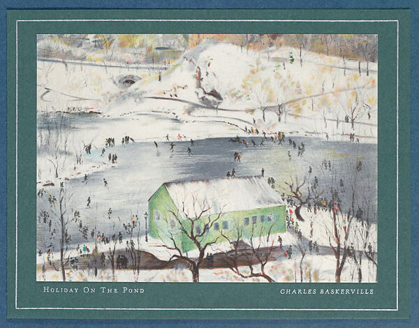 Christmas Card (Holiday On The Pond), Charles Baskerville (American, Raleigh, North Carolina 1896–1994 New York), Lithograph on white paper adhered to green paper 