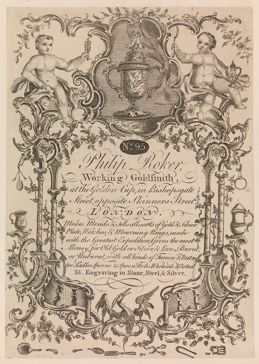Trade Card of Philip Roker, Goldsmith, Anonymous, British, 18th century, Etching, Engraving and Stipple Engraving 
