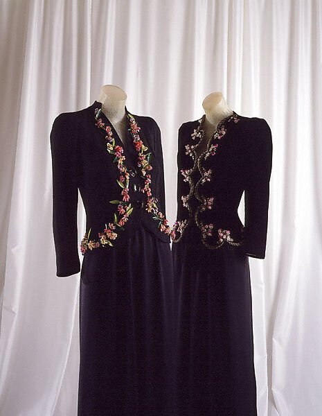 Evening ensemble, Elsa Schiaparelli (Italian, 1890–1973), (a,b) cotton, silk, metallic thread
(c,d) plastic, glass, French 