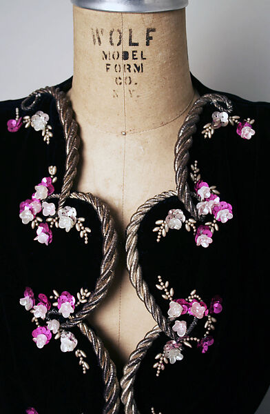 Evening ensemble, Elsa Schiaparelli (Italian, 1890–1973), (a,b) cotton, silk, metallic thread
(c,d) plastic, glass, French