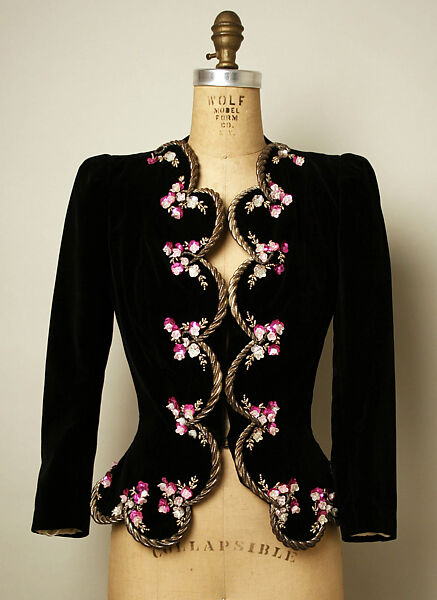 Evening ensemble, Elsa Schiaparelli (Italian, 1890–1973), (a,b) cotton, silk, metallic thread
(c,d) plastic, glass, French