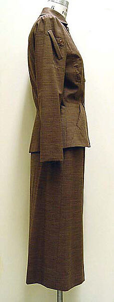 Suit, Gilbert Adrian (American, Naugatuck, Connecticut 1903–1959 Hollywood, California), (a) wool, rayon, plastic; (b) wool, American