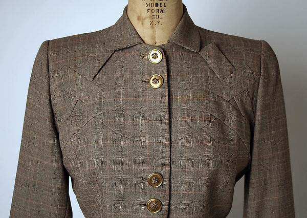 Suit, Gilbert Adrian (American, Naugatuck, Connecticut 1903–1959 Hollywood, California), (a) wool, metal, rayon; (b) wool, American