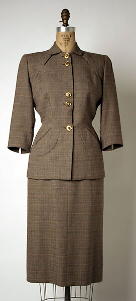 Suit, Gilbert Adrian (American, Naugatuck, Connecticut 1903–1959 Hollywood, California), (a) wool, metal, rayon; (b) wool, American 