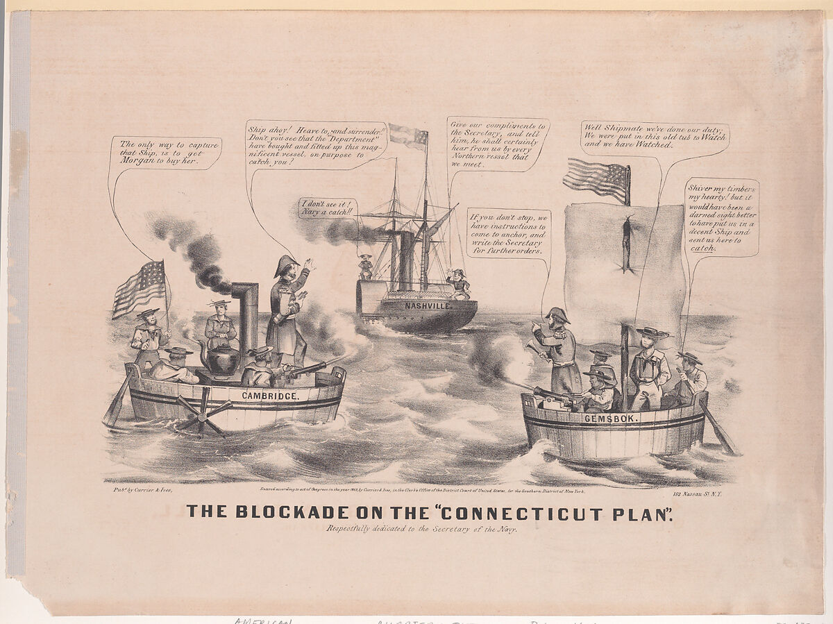 The Blocade on the "Connecticut Plan", Currier &amp; Ives (American, active New York, 1857–1907), Lithograph 