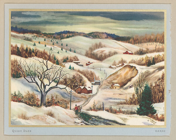Christmas Card (Quiet Days), Emil Ganso (American (born Germany), Halberstadt 1895–1941 Iowa City, Iowa), Color lithograph on white paper adhered to gold metallic paper adhered to blue paper 