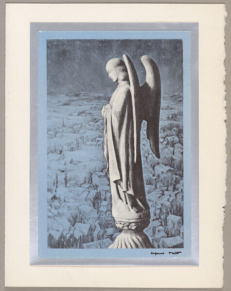 Christmas Card (Angel Sculpture), Agnes Gabrielle Tait (American, New York 1894–1981 Santa Fe, New Mexico), Color lithograph on blue paper adhered to silver metallic paper adhered to cream paper 