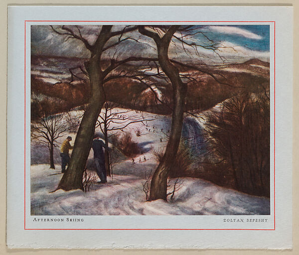 Christmas Card (Afternoon Skiing), Zoltan Sepeshy (American, 1898–1974), Color lithograph on white paper adhered to blue paper 