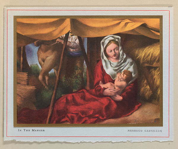 Christmas Card (In the Manger), Federico Castellon (American (born Spain), Almeria 1914–1971 New York), Color lithograph on white paper adhered to metallic gold paper adhered to blue paper 