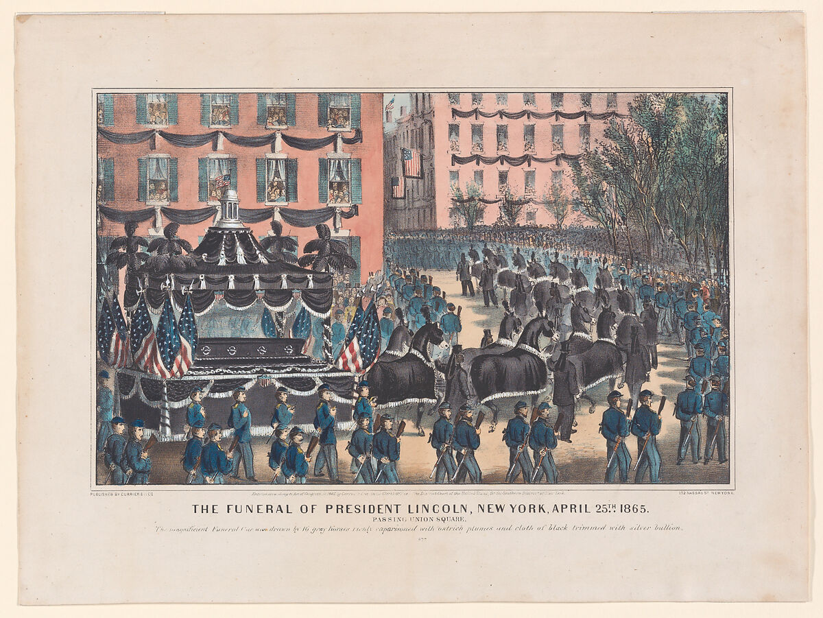 The Funeral of President Lincoln, New York, April 25th, 1865, Passing Union Square, Currier &amp; Ives (American, active New York, 1857–1907), Hand-colored lithograph 