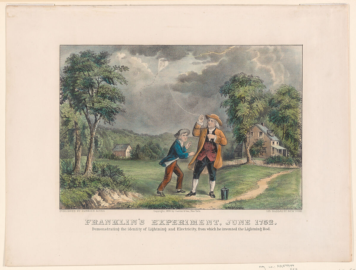 Franklin's Experiment, June 1752 – Demonstrating the identity of Lightning and Electricity, from which he invented the Lightning Rod, Currier &amp; Ives (American, active New York, 1857–1907), Hand-colored lithograph 