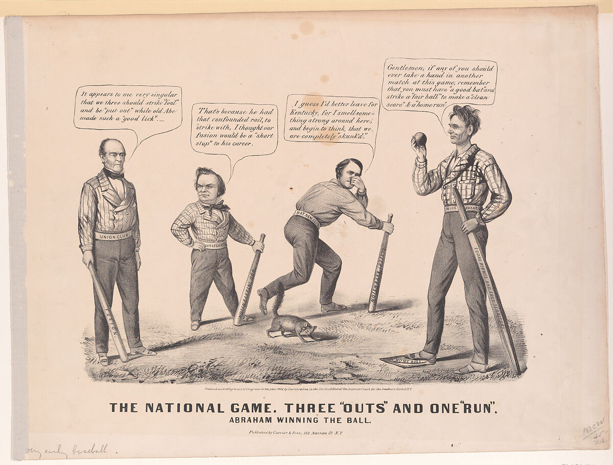 The National Game. Three "Outs" and One "Run" – Abraham Winning the Ball, Probably after Louis Maurer (American (born Germany), Biebrich 1832–1932 New York), Lithograph 