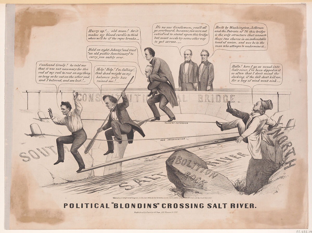 Political "Blondins" Crossing Salt River, Currier &amp; Ives (American, active New York, 1857–1907), Lithograph 