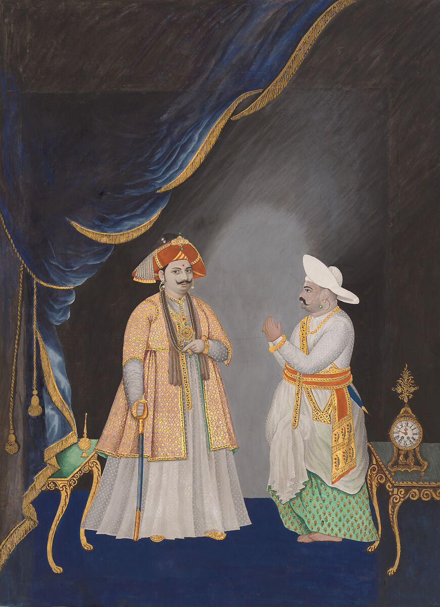 Maharaja Serfoji II accompanied by his Minister, Opaque watercolor with raised gold on paper, India, Thanjavur, Tamil Nadu 