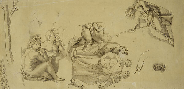 Studies of Figures after "Judgment of Paris" and "Parnassus" by Marcantonio Raimondi, Edgar Degas (French, Paris 1834–1917 Paris), Brown ink on cream tracing paper, French 