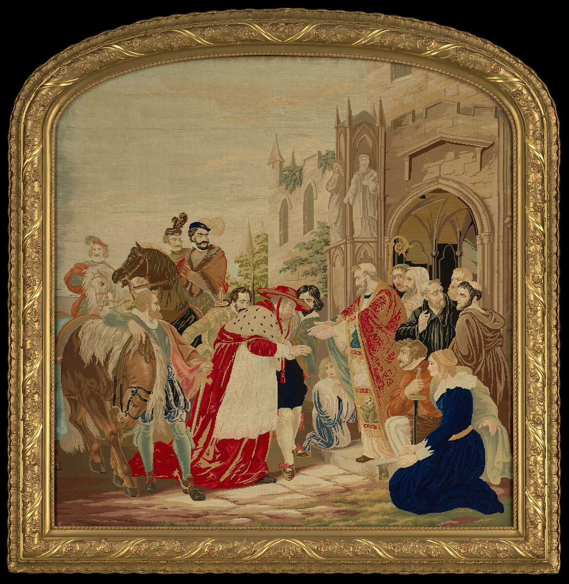 Needlework picture of scene from Shakespeare’s "Henry VIII", Probably by Agnes (Pruyn) Strain (1839–1898), Wool and silk on linen canvas, American 