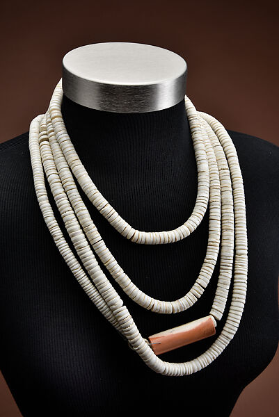 Clamshell and magnesite necklace, Clamshell, magnesite, and cotton cordage restrung on coated wire, Pomo (Cloverdale, Sonoma County, California) 