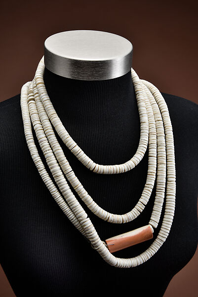 Clamshell and magnesite necklace, Clamshell, magnesite, and cotton cordage restrung on coated wire, Pomo (Cloverdale, Sonoma County, California)
