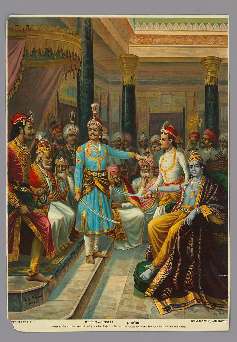 Krishna meets scorn with restraint, Raja Ravi Varma (Indian, 1848–1907), Chromolithograph, India, Karla-Lonavla, near Pune 