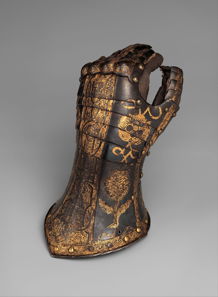 Left Gauntlet of Henry (1594–1612), Prince of Wales, Made under the direction of Jacob Halder (British, master armorer at the royal workshops at Greenwich, documented in England 1558–1608), Steel, gold, leather, textile, British, Greenwich 