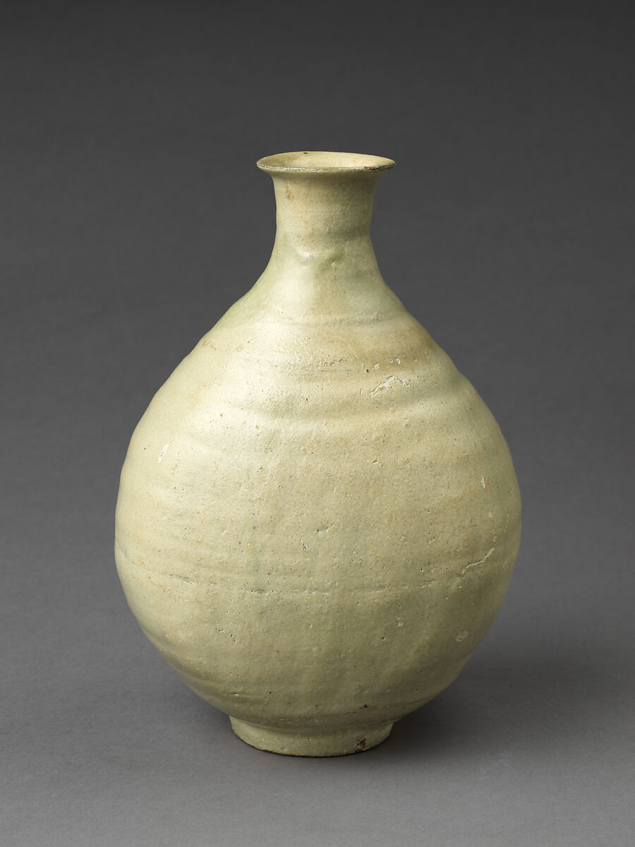 Bottle decorated with flowering plant, Buncheong ware with white slip and iron-brown, Korea