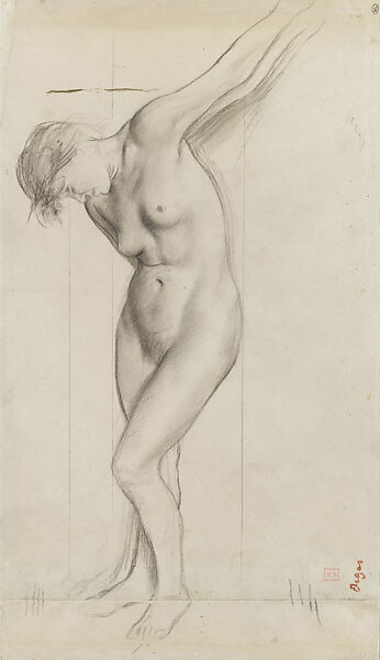 Standing Nude Woman, Study for "Scene of War in the Middle Ages", Edgar Degas  French, Black crayon with a touch of watercolor, French