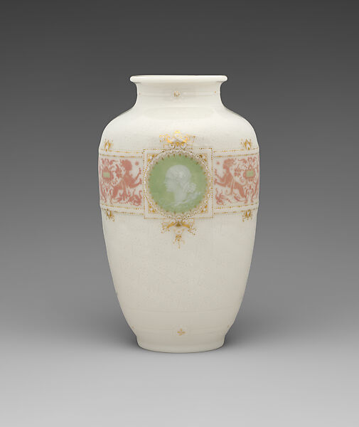 Vase with Medallions of the Fates, Albert-Ernest Carrier-Belleuse (French, Anizy-le-Château 1824–1887 Sèvres), Hard-paste porcelain with pâte-sur-pâte decoration and gilding, French, Sèvres 