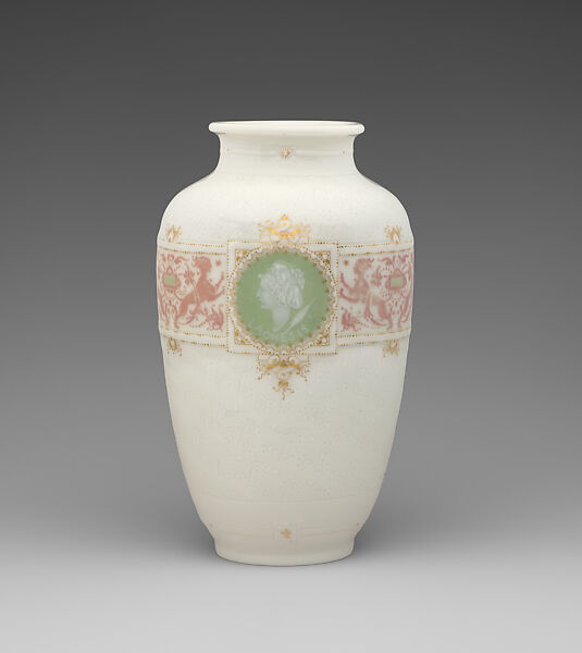 Vase with Medallions of the Fates, Albert-Ernest Carrier-Belleuse (French, Anizy-le-Château 1824–1887 Sèvres), Hard-paste porcelain with pâte-sur-pâte decoration and gilding, French, Sèvres