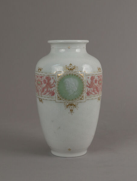 Vase with Medallions of the Fates, Albert-Ernest Carrier-Belleuse (French, Anizy-le-Château 1824–1887 Sèvres), Hard-paste porcelain with pâte-sur-pâte decoration and gilding, French, Sèvres