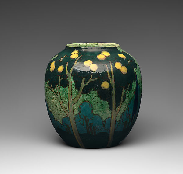 Vase with landscape, Doulton Manufactory (British), "Barbotine” glazed stoneware, British, Burslem 