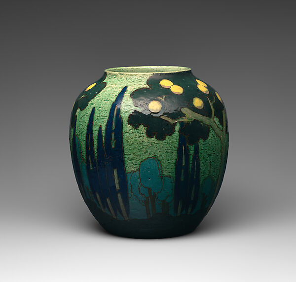 Vase with landscape, Doulton Manufactory (British), "Barbotine” glazed stoneware, British, Burslem