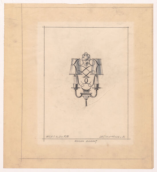 Elevation of a Double Wall Sconce with Decorative Wrought-Iron Work (No.15035.A), Edgar Brandt (French, Paris 1880–1960) (and workshop), Black chalk over graphite underdrawing 