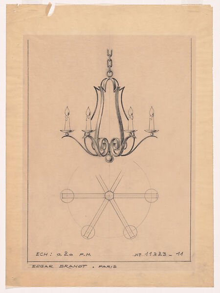 Elevation and Partial Plan for a Wrought-Iron Chandelier with Six Arms (No.11323.11), Edgar Brandt (French, Paris 1880–1960) (and workshop), Black Chalk over Graphite Underdrawing 