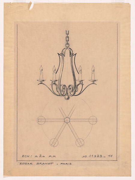 Elevation and Partial Plan for a Wrought-Iron Chandelier with Six Arms (No.11323.11), Edgar Brandt (French, Paris 1880–1960) (and workshop), Black chalk over graphite underdrawing 