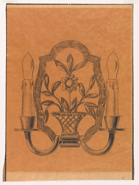 Elevation of a Double Wall Sconce with a Flower in a Basket, Edgar Brandt (French, Paris 1880–1960) (and workshop), Black chalk over graphite underdrawing 