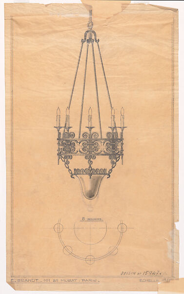 Elevation and Plan for a Chandelier with Eight (Electric?) Candles (No.15947.A), Edgar Brandt (French, Paris 1880–1960) (and workshop), Black Chalk over Graphite Underdrawing 