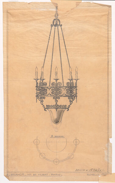 Elevation and Plan for a Chandelier with Eight (Electric?) Candles (No.15947.A), Edgar Brandt (French, Paris 1880–1960) (and workshop), Black chalk over graphite underdrawing 