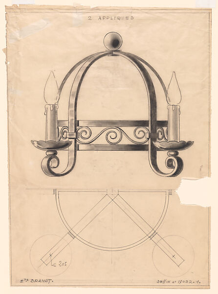 Elevation and Plan for a Semi-Circular Wall Sconce with Two (Electric?) Candles (No.17032.1), Edgar Brandt (French, Paris 1880–1960) (and workshop), Black chalk over graphite underdrawing 