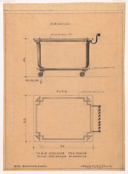 Elevation and Plan of a Wrought-Iron Bar Cart (No.17275.1), Edgar Brandt (French, Paris 1880–1960) (and workshop), Black chalk over graphite underdrawing 