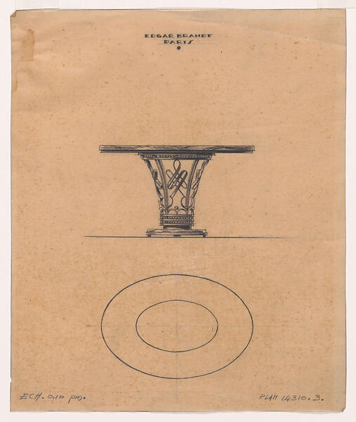 Elevation and Plan for an Oval Table with a Wrought-Iron Base (No.14310.3), Edgar Brandt (French, Paris 1880–1960) (and workshop), Black chalk over graphite underdrawing 