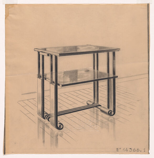 Presentation Drawing for a Tall Side or Serving Table with a Wrought-Iron Base and a Glass Top (No.14366.1), Edgar Brandt (French, Paris 1880–1960) (and workshop), Black chalk over graphite underdrawing 