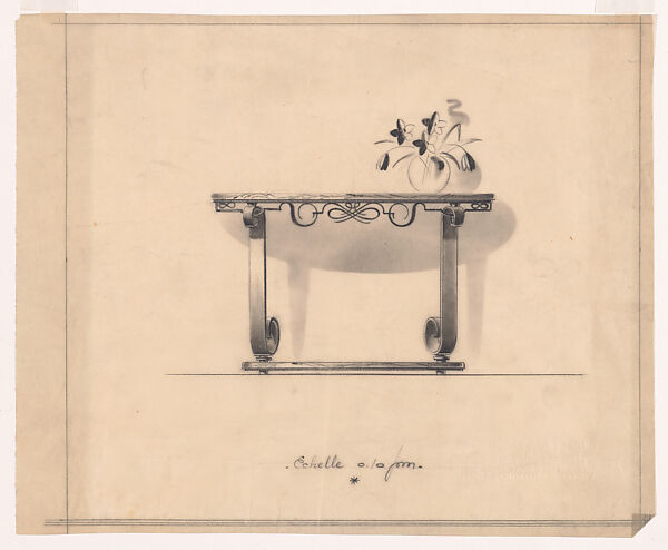 Presentation Drawing for a Console Table with a Wrought-Iron Base, Edgar Brandt (and workshop) French, Black Chalk over Graphite Underdrawing