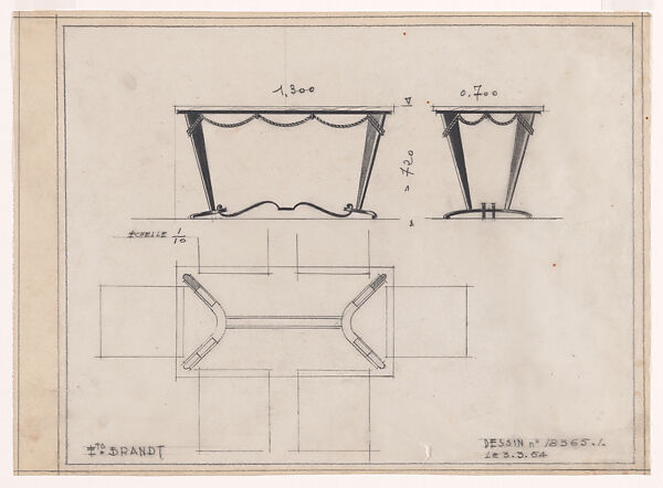 Elevation, Side View, and Plan for a Table with a Wrought-Iron Base with a Rope Motif (No. 18365.1), Edgar Brandt (French, Paris 1880–1960) (and workshop), Black chalk over graphite underdrawing 