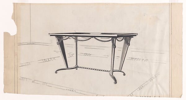 Presentation Drawing of a Table with a Wrought-Iron Base with a Rope Motif, Edgar Brandt (French, Paris 1880–1960) (and workshop), Black chalk over graphite underdrawing 