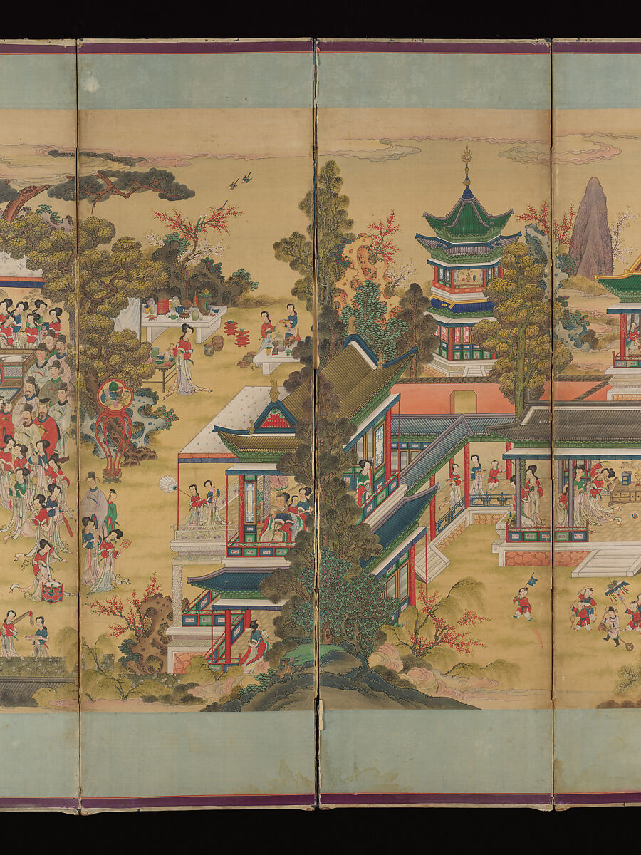 The Banquet of Guo Ziyi, Eight-panel folding screen; ink and color on silk, Korea