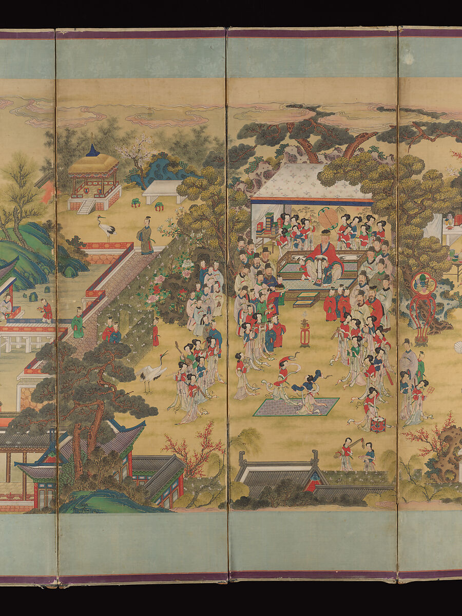 The Banquet of Guo Ziyi, Eight-panel folding screen; ink and color on silk, Korea