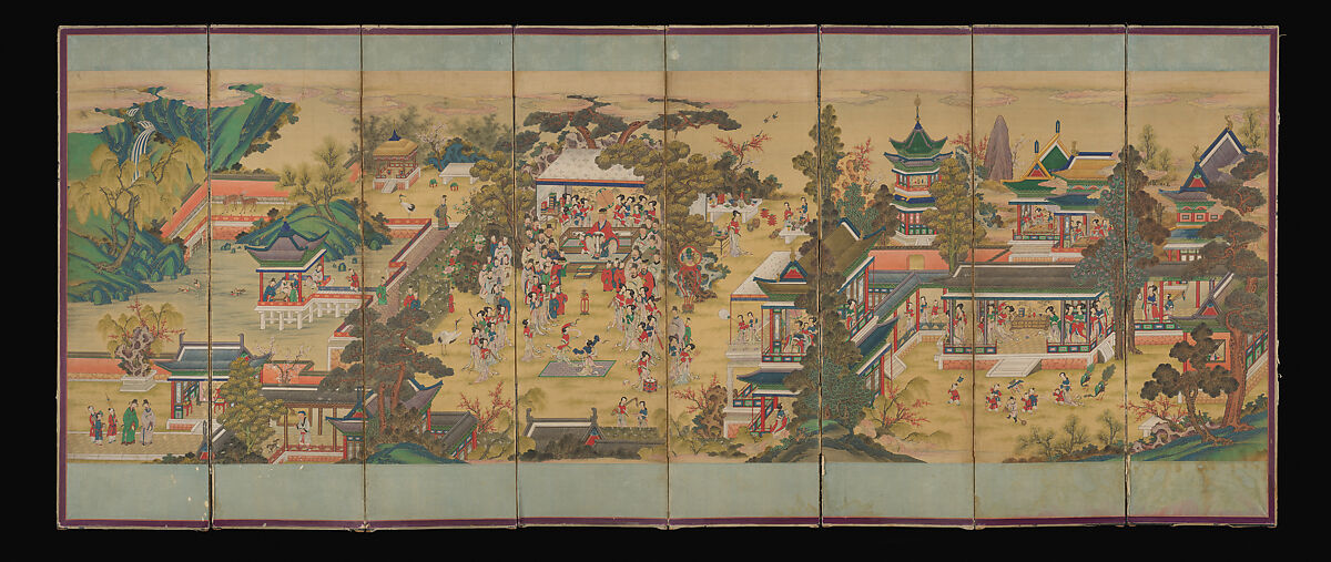 The Banquet of Guo Ziyi, Eight-panel folding screen; ink and color on silk, Korea 